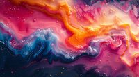 Vibrant fluid art with swirling pink, orange, and blue colors creating cosmic nebula effect, resembling galaxy formation in deep space.