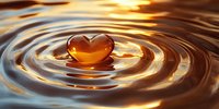Amber heart-shaped droplet creating ripples on golden liquid surface, symbolizing love and tranquility in wellness and spa concepts.