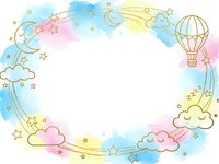Dreamy pastel watercolor frame with hot air balloon, stars, clouds and crescent moon on white background for baby shower invitations and nursery decor.