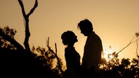 Romantic couple silhouettes at golden sunset with bare tree branches creating intimate moment against warm sky for love and relationship concepts.