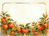 Watercolor illustration of ripe apples with green leaves and branches arranged along bottom border, featuring gold decorative frame corners on cream background, suitable for autumn designs, recipe cards, food packaging, and seasonal marketing materials.