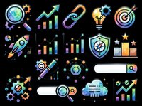 SEO and digital marketing icon set with colorful watercolor style, isolated on transparent background. Great for clipart, stickers, t-shirt design, print on demand.