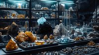 Mystical laboratory display with glowing crystals and minerals amid scientific glassware on dark shelves, creating an atmospheric scene of geological specimens and chemistry equipment.