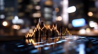 Financial data visualization with glowing golden charts and graphs on digital tablet screen against blurred city lights background for business analytics.