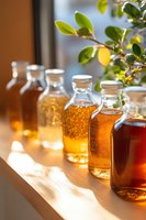 Glass bottles filled with golden and amber kombucha tea lined up on wooden windowsill, sunlight streaming through, fresh plant leaves in background creating natural atmosphere.