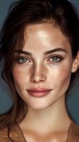 Close-up portrait of young woman with natural freckles, green eyes, and minimal makeup against blue background. Perfect for beauty, skincare, or fashion campaigns.