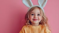 Adorable young Caucasian girl with curly blonde hair wearing white bunny ears and yellow knit sweater smiling joyfully against pink background for Easter celebration.