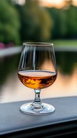 Elegant cognac snifter with amber whiskey on outdoor table at sunset for luxury dining and sophisticated evening entertainment.