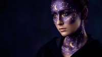 Young woman with cosmic galaxy makeup featuring stars and crescent moons on face and neck against dark background for fantasy beauty concepts.