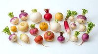 Assorted fresh root vegetables including turnips, radishes and beets with green stems arranged on white background for culinary, cooking and healthy eating content.