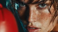 Close-up portrait of athletic young woman with wet hair and water droplets on face after intense workout or swimming session showing determination.