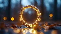Glowing golden light ring on autumn leaves with bokeh forest background creates magical atmosphere for seasonal and holiday designs.