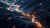 Glowing orange light trails illuminate dark abstract landscape with bokeh particles and depth of field effect creating futuristic network visualization.