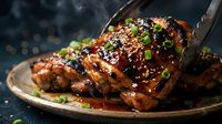 Glazed grilled chicken thigh with sesame seeds and fresh herbs on rustic plate, perfect for restaurant menus and food photography projects.
