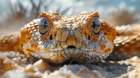 Close-up portrait of orange horned viper snake with textured scales and piercing eyes against blurred desert background.