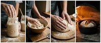Artisan bread making process from sourdough starter to baked loaf showing hands kneading dough and traditional baking techniques in rustic kitchen setting.