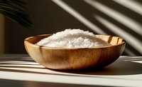 Sea salt crystals in wooden bowl, ideal for culinary, wellness, and food styling projects.