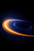 Glowing spiral light trails in blue and orange colors against dark background create dynamic motion effect, suitable for technology and innovation concepts.