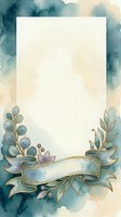 Watercolor floral frame with gold ribbon banner, teal and cream tones, blank space for text, for wedding invitations and greeting cards.