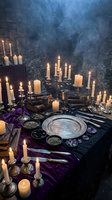 Occult altar setup with burning candles, mystical symbols, crystals, and ceremonial tools arranged on purple velvet cloth for spiritual rituals and dark magic practices.