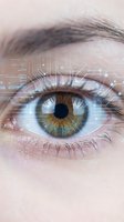 Human eye with digital circuit overlay representing artificial intelligence, machine learning, and futuristic technology concepts for tech applications.