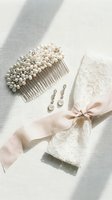 Elegant bridal accessories flat lay featuring pearl hair comb, crystal drop earrings, and lace fabric tied with blush silk ribbon on white background.