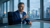 Mature male professional in dark blazer presenting holographic business analytics interface in modern high-rise office with city skyline view. Corporate technology concept for presentations and business solutions.