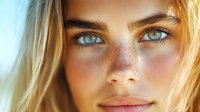 Close-up portrait of young blonde Caucasian woman with striking blue eyes and natural freckles in warm sunlight for beauty and skincare concepts.