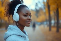 Young African American woman wearing white headphones and gray hoodie smiles confidently in autumn park with golden bokeh background, natural curly hair in updo style.