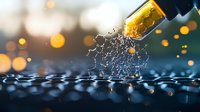 Dramatic liquid splash photography with golden droplets falling from glass bottle against dark background with bokeh lights creating magical atmosphere.