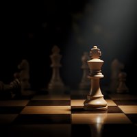 Chess king piece standing prominently on wooden chessboard with dramatic lighting and blurred pieces in background for strategic business concepts.