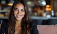 Young Mediterranean businesswoman with bright smile and long dark hair wearing black blazer in modern cafe setting, natural lighting creates warm ambiance.