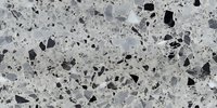 Gray and black terrazzo texture with natural stone fragments scattered across polished surface creating modern architectural pattern for flooring and interior design.