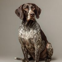 German Shorthaired Pointer dog with attentive expression sitting against neutral background, showcasing distinctive brown and white speckled coat pattern.
