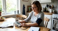 Middle-aged Caucasian woman measuring blood pressure at home kitchen table using digital monitor for health monitoring and medical self-care routine.