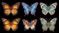 Six colorful butterflies isolated on transparent background, ready for stickers, clipart, t-shirt design, print on demand, sublimation, and digital crafts.