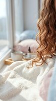 Woman with long curly auburn hair in cozy white sweater enjoying morning coffee by window in soft natural light creating peaceful relaxing atmosphere.