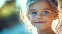 Young girl with bright blue eyes and gentle smile glowing in soft natural sunlight, hair backlit creating ethereal effect against blurred outdoor background.