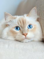 Close-up portrait of cream-colored ragdoll cat with striking blue eyes lying on light beige sofa, soft focus background creates dreamy atmosphere.