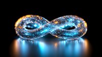 Glowing infinity symbol with cosmic galaxy texture and light reflection on dark surface, featuring blue and orange luminous nebula effects and starry details.