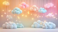 Dreamy pastel clouds with glowing light strings floating in soft gradient sky, magical nursery decor background with puffy cotton ball shapes and warm illumination.