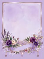 Lavender watercolor background with ornate floral border featuring purple roses, lavender sprigs, and gold scrollwork. Isolated design on soft gradient backdrop, ready for invitations, greeting cards, and stationery projects.