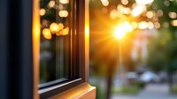 Sunlight streaming through window frame creating magical bokeh effect with warm golden glow and blurred nature background at sunset, cozy home atmosphere.