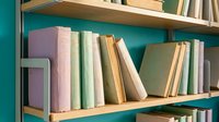 Colorful vintage books arranged on wooden shelves with teal background creating cozy library atmosphere for education and reading concepts.