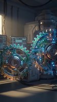 Digital gears with glowing circuit patterns in futuristic industrial setting representing automation, technology innovation and smart manufacturing processes.