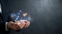 Business professional holding glowing network connection with digital communication waves and data transfer technology concept for innovation.