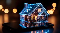 Glowing blue house model on dark background with bokeh lights, showcasing modern architectural visualization and smart home technology concept for real estate presentations.