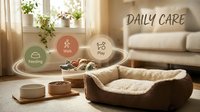 Cozy pet bed with care icons and wellness products displayed in a warm, sunlit living room with natural elements and comfortable furniture.