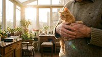 Senior man holding ginger cat in sunlit conservatory with potted plants and natural light streaming through windows, depicting pet companionship and indoor gardening lifestyle.
