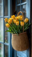 Fresh yellow tulips in woven basket hanging on blue door frame, natural sunlight streaming through window creates soft, romantic spring atmosphere.